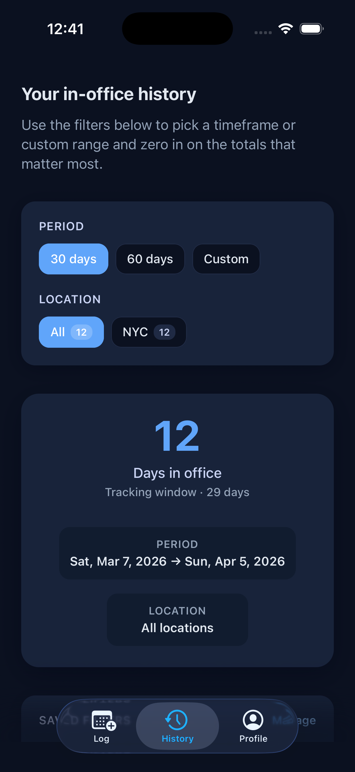 Tappd History tab showing 12 days in office over 30 days