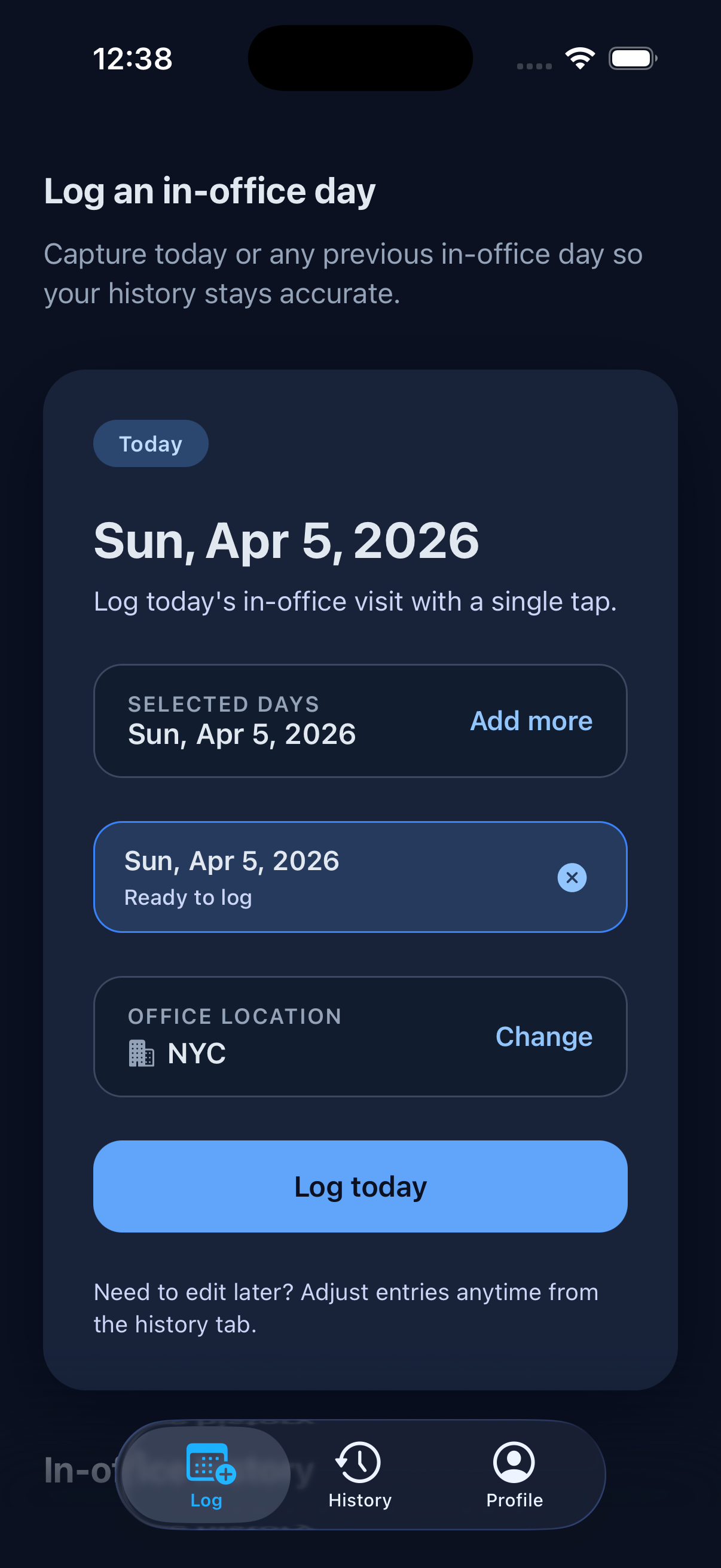 Tappd Log tab showing calendar and Log Today button