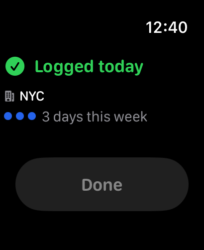 Watch app showing Logged today state with 3 days this week