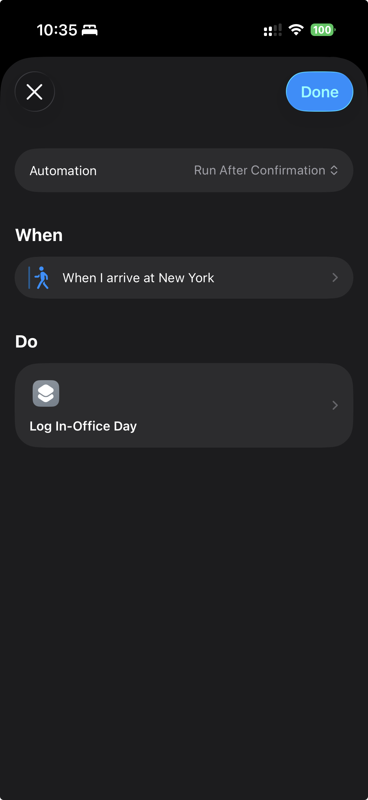 Shortcuts app showing a Personal Automation that runs when arriving at a location